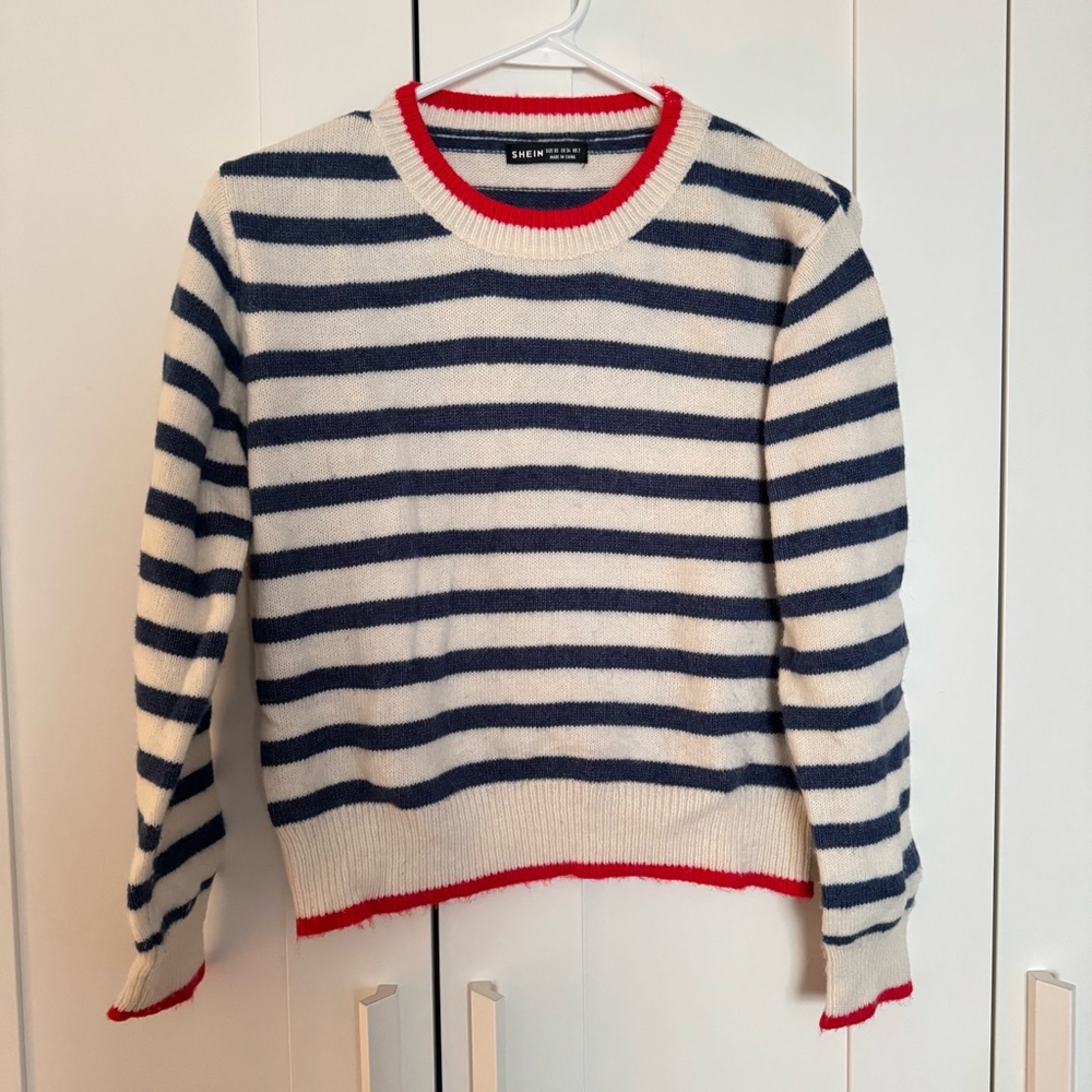 SHEIN Blue and White Crew Neck Sweater